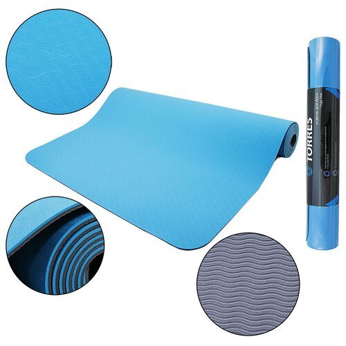 Коврик для йоги TORRES Comfort 4, 173х61х0.4 см синий/серый однотонный 0.7 кг 0.4 см
