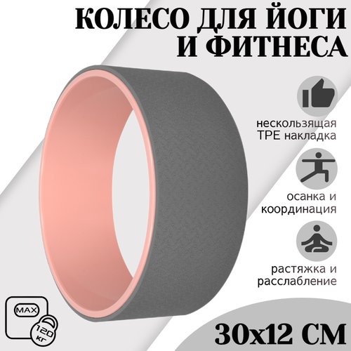 Колесо для йоги, фитнеса и пилатес 30 см х 12 см, серо-розовое, STRONG BODY (кольцо, ролик, валик)