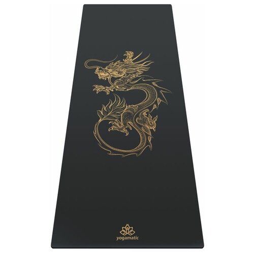 Коврик для йоги и фитнеса каучуковый нескользящий с чехлом Арт Йогаматик Dragon Grey Gold 185x68x0.4 см, черный с золотым рисунком дракон
