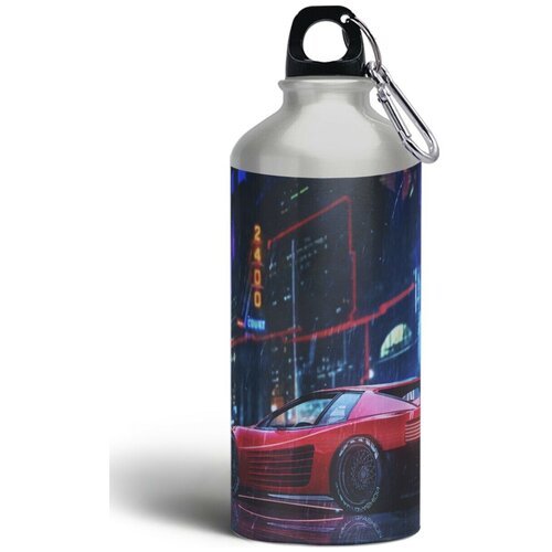 Бутылка спортивная, туристическая фляга, 500мл с карабином Машина киберпанк неон - 384
