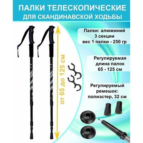 Палки для скандинавской ходьбы всесезонные ECOS Nordic Walking sticks алюминиевые, телескопические с ремешком, 3 секции, черные